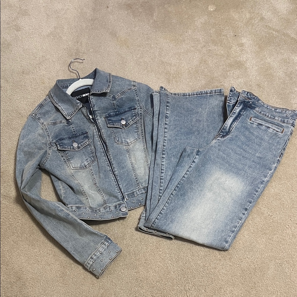 Fashion Nova Light Blue Denim Jacket and Jean Set